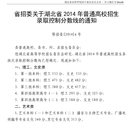 湖北2014高考分数线公布：一本文535 理5332