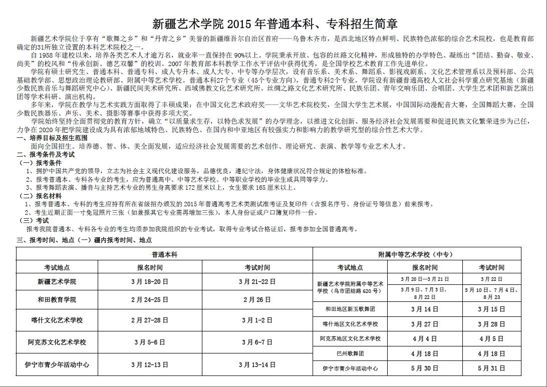新疆艺术学院2015年普通本科招生简章2