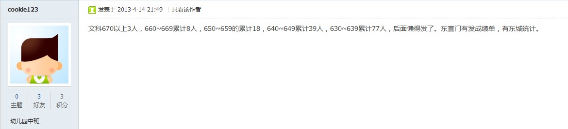 2013北京东城区高三一模成绩排名分数段（文）2
