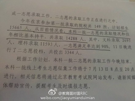 北京2013高招一批一志愿满足率90% 录取14288人2
