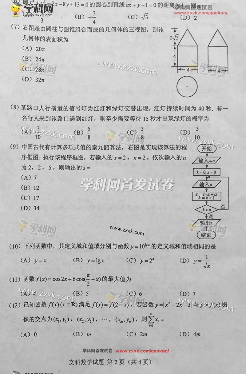2016年贵州高考数学试题：数学文（已公布）[1]2