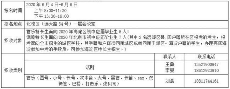 2020海淀区教师进修实验学校艺术特长生招生简章1